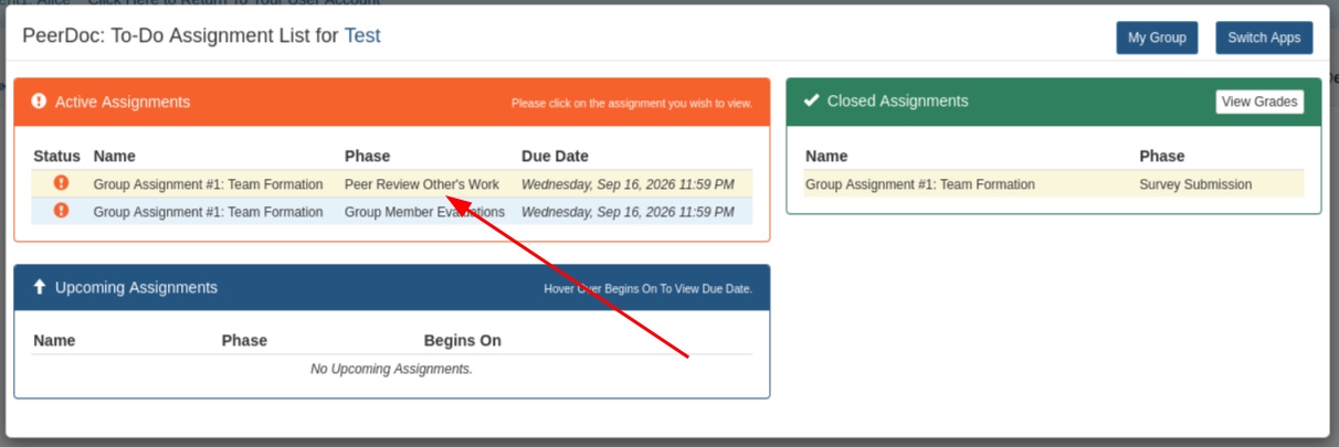 To-Do List showing an assignment listed once for Peer Review Other's Work and once for Group Member Evaluations