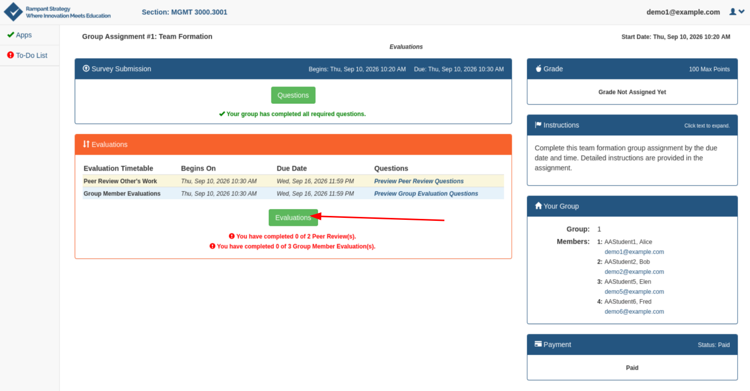 Assignment page with the Evaluations panel and the green Evaluations button