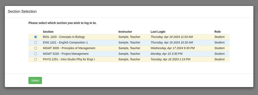 Section Selection Window